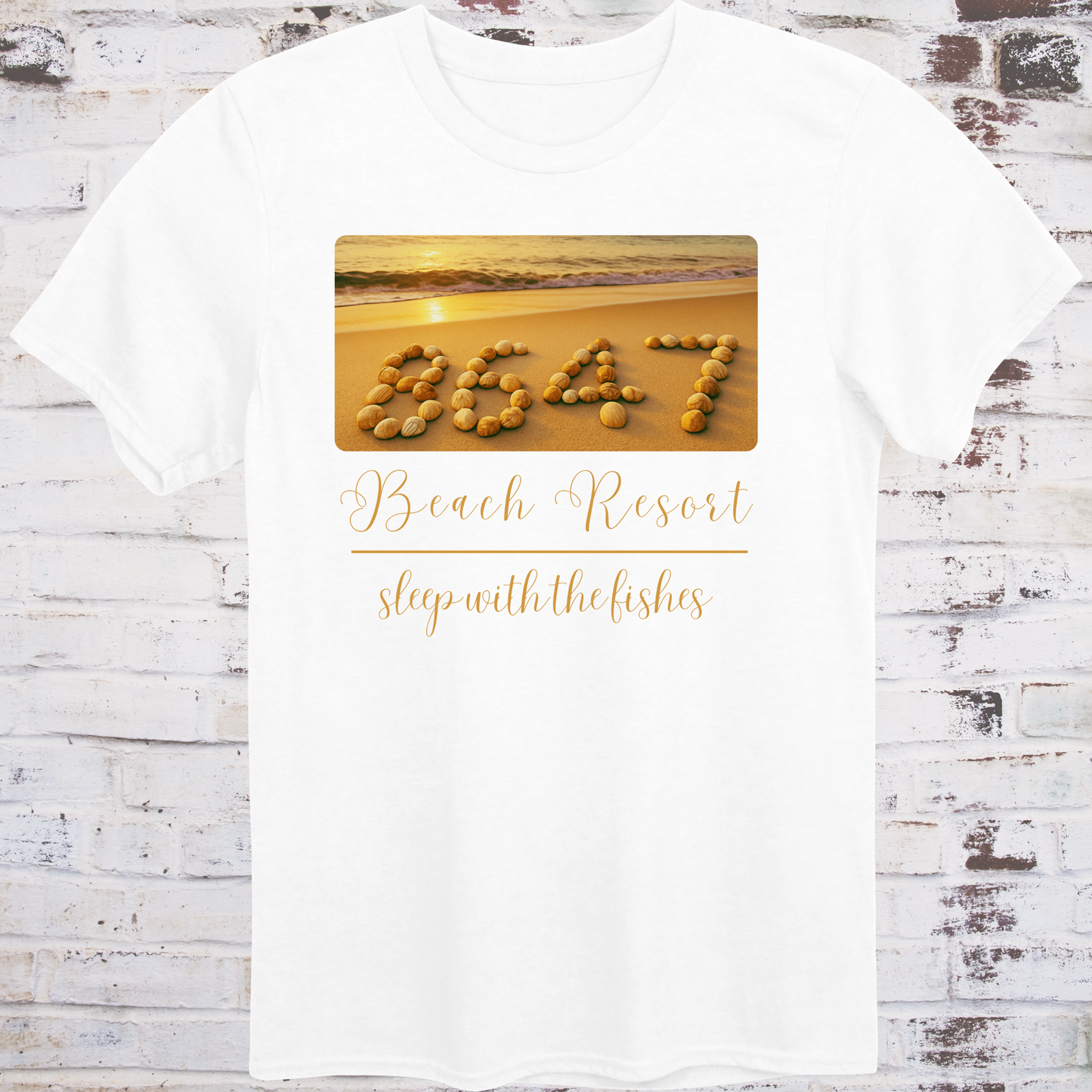 White t-shirt featuring beach photo with “8647” spelled in seashells
and elegant text reading “Beach Resort – Sleep With the Fishes” –
anti-Trump parody shirt by Democratee’s