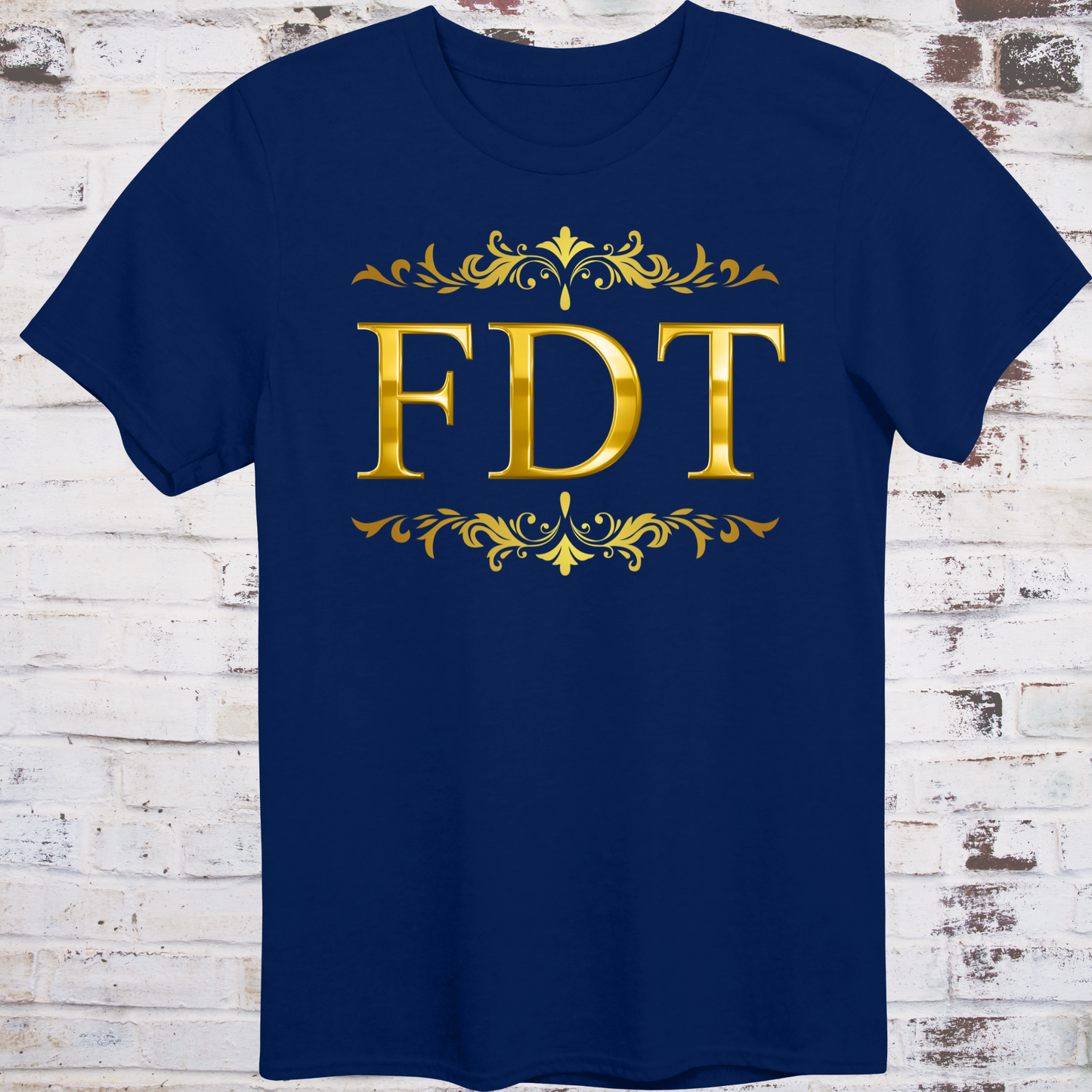 Navy t-shirt with ornate gold design and bold letters “FDT”
framed in decorative scrollwork – luxury-style protest shirt by Democratee’s