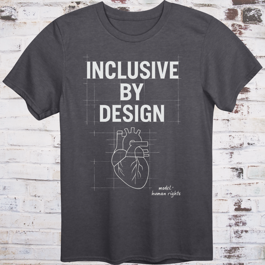Gray T-shirt with blueprint-style heart and text: “Inclusive by Design – Model: Human Rights