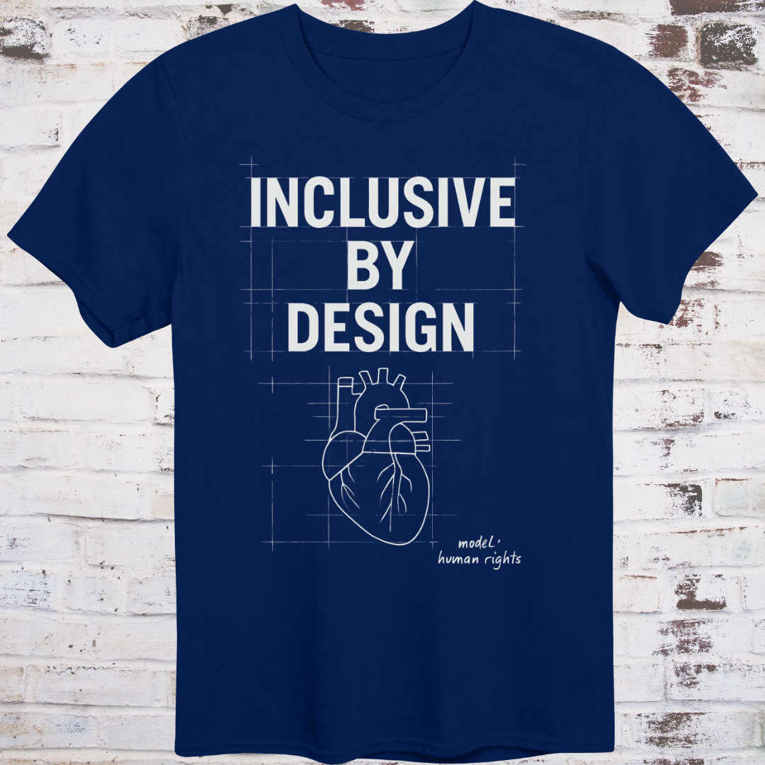 Navy T-shirt with blueprint-style heart and text: “Inclusive by Design – Model: Human Rights