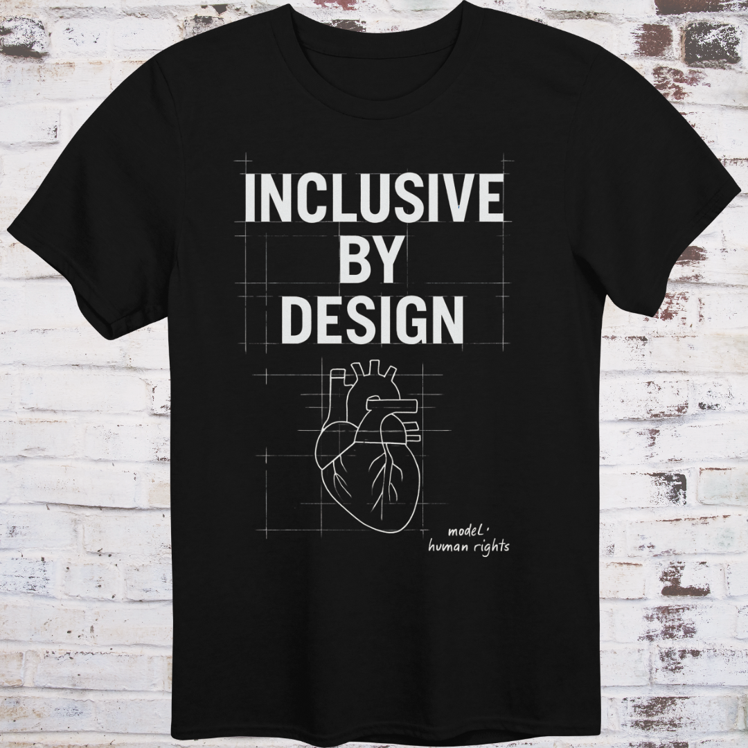 Black T-shirt with blueprint-style heart and text: “Inclusive by Design – Model: Human Rights
