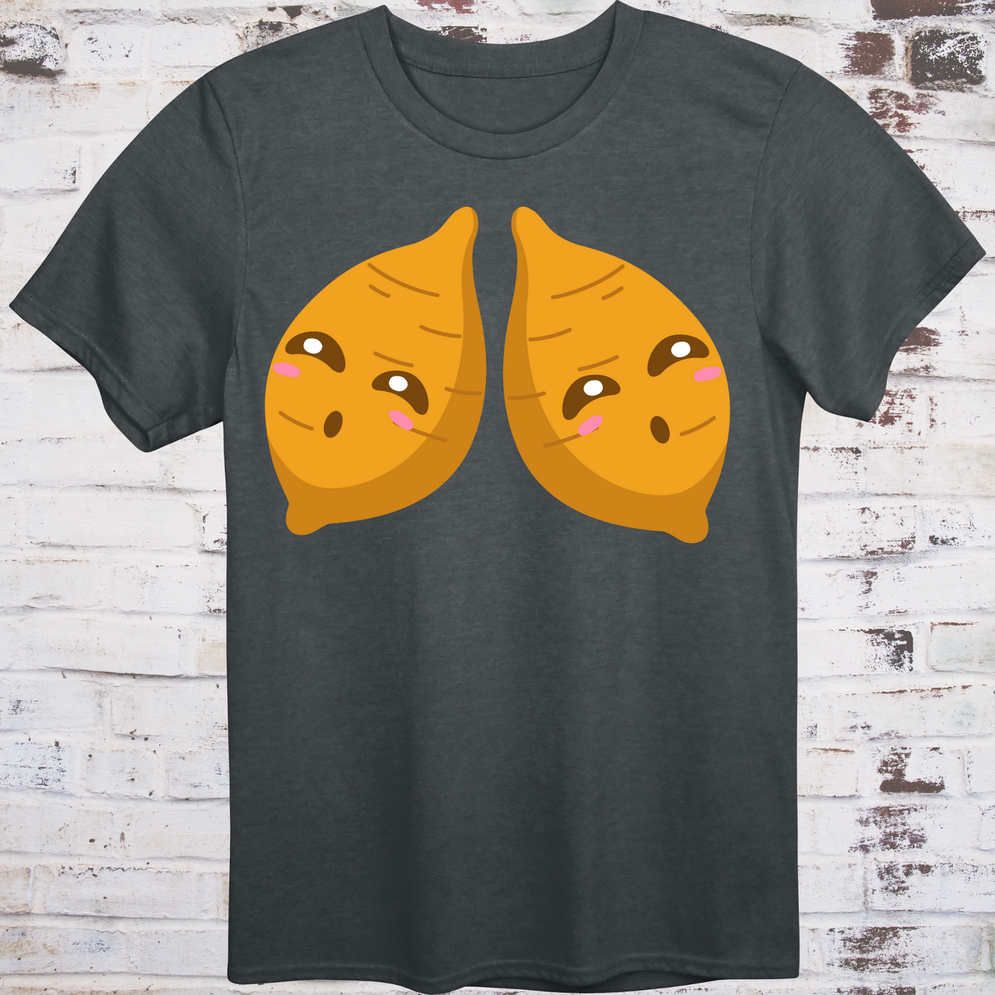 Gray t-shirt with two cute cartoon yams featuring blushing cheeks and side-eye expressions –
subtle parody of the viral “Ol’ Yam Tits” nickname, by Democratee’s