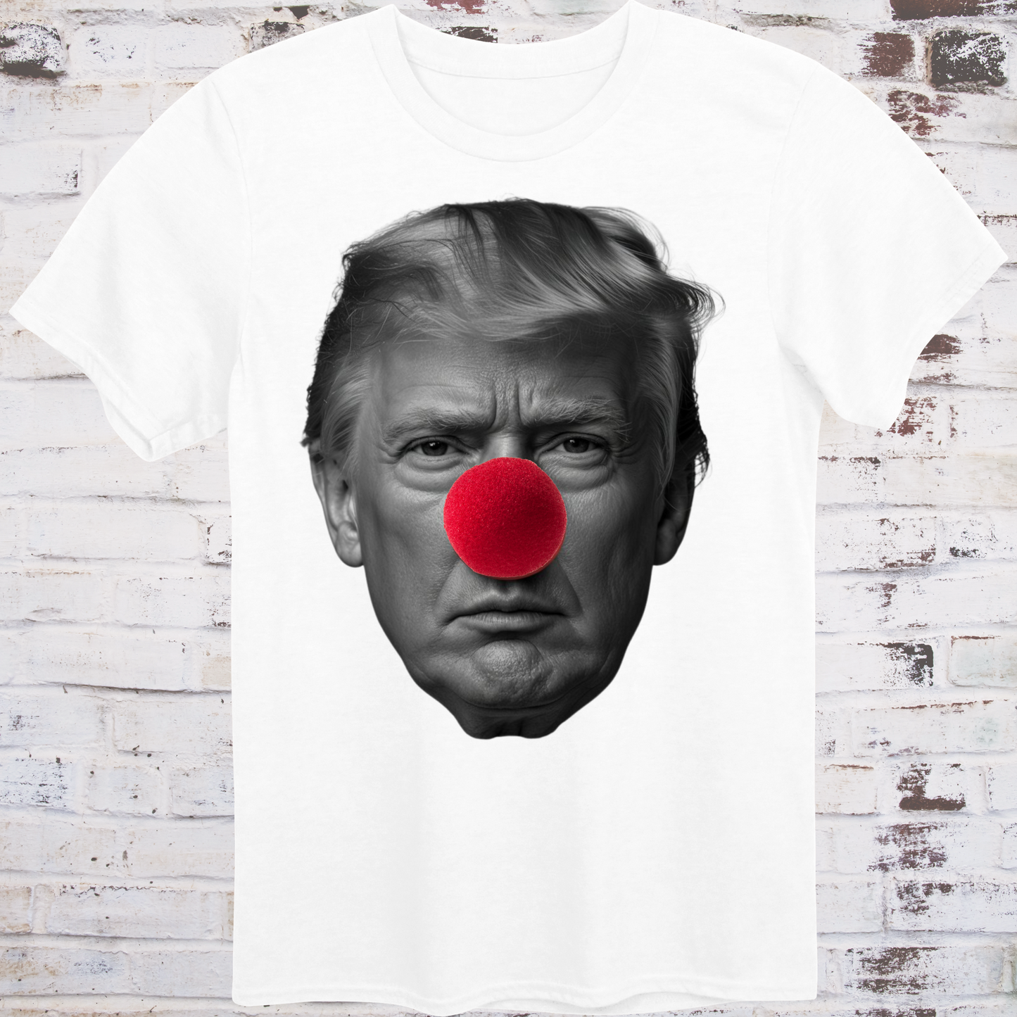 White t-shirt featuring a high-contrast black-and-white photo
of Donald Trump’s face with a large red clown nose –
minimalist parody protest shirt by Democratee’s