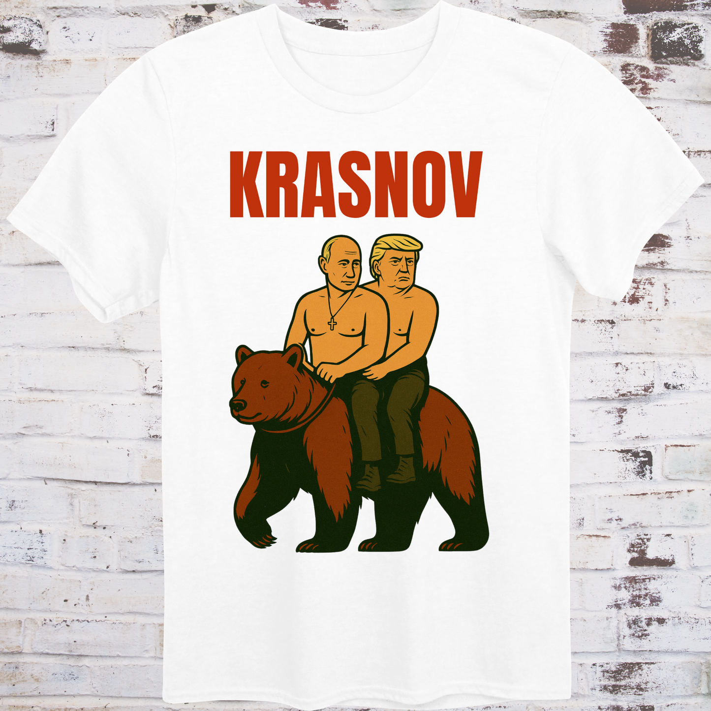 Stylized graphic of two shirtless men riding a bear — one resembling Putin, one Trump — with text “Krasnov”