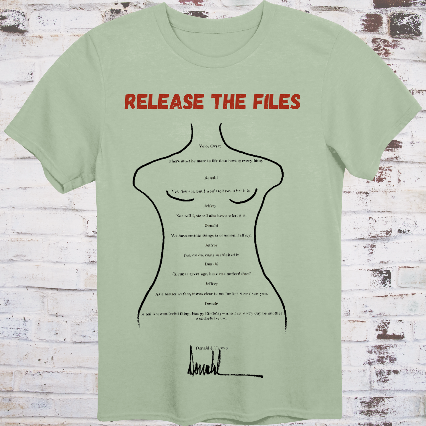 Image of a tee showing Trump’s birthday card to Epstein with large red text “RELEASE THE FILES”
