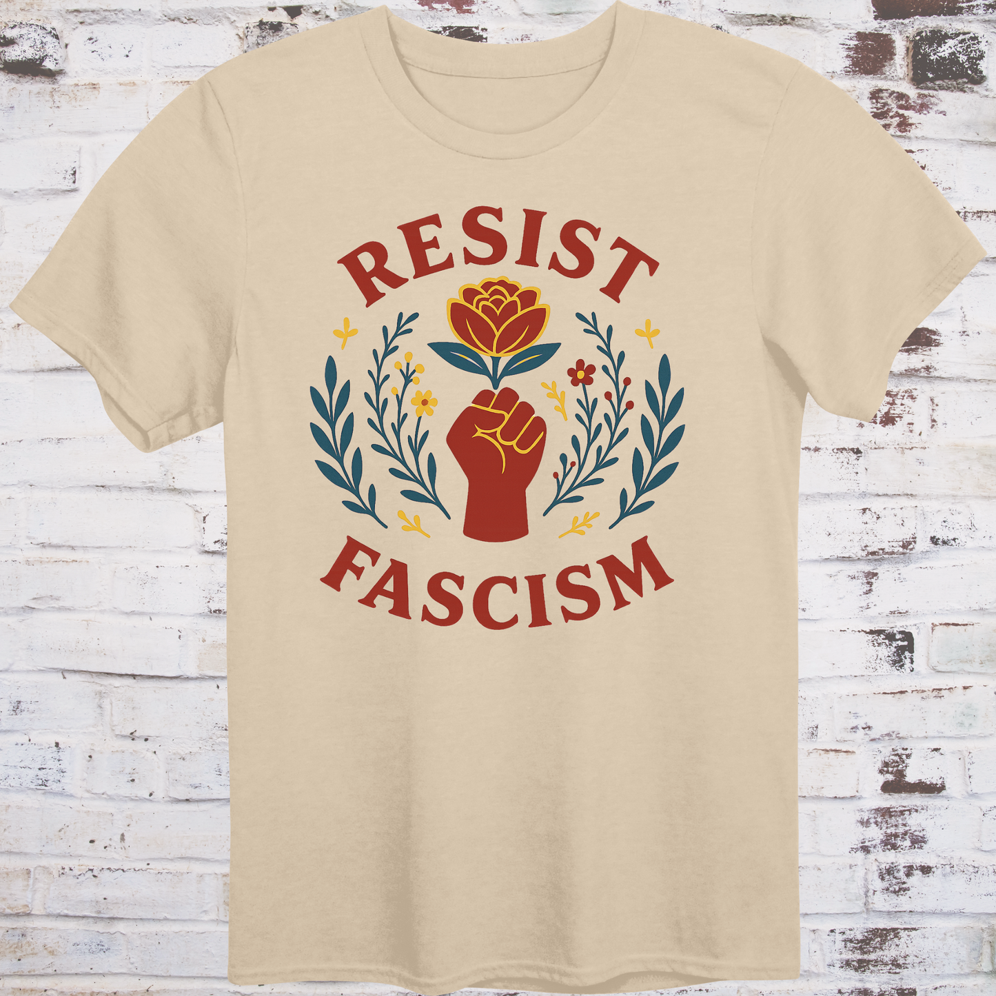 Floral protest design featuring a raised fist, red rose, and leafy accents with "Resist Fascism" text