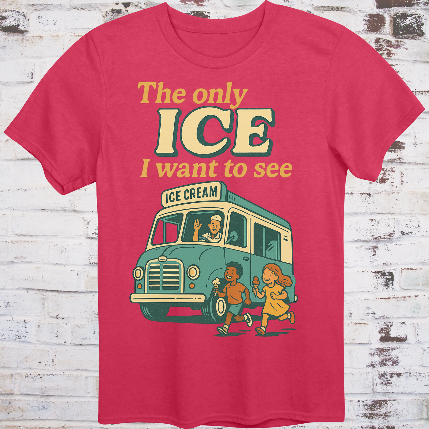 Red t-shirt with an ice cream truck graphic and text on a wooden background