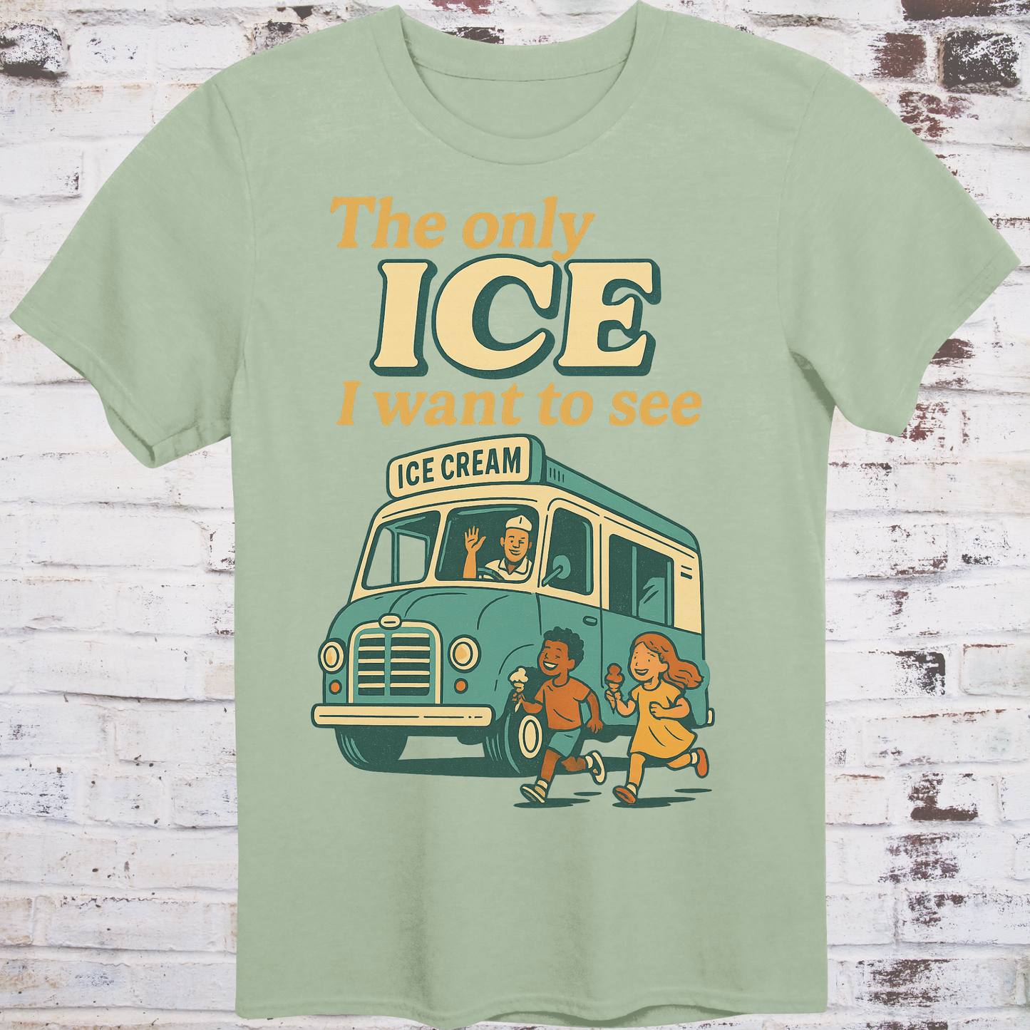 Green t-shirt with an ice cream truck graphic and text on a wooden background
