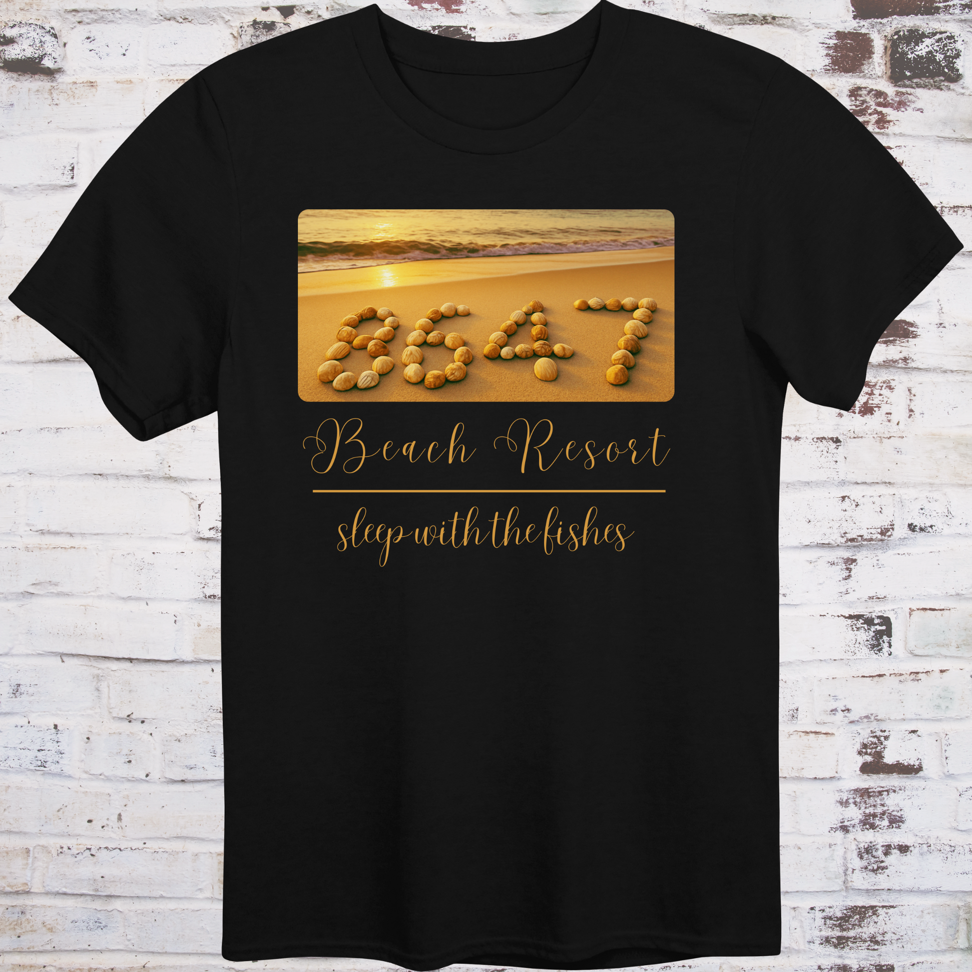 Black t-shirt featuring beach photo with “8647” spelled in seashells  
and elegant text reading “Beach Resort – Sleep With the Fishes” –  
anti-Trump parody shirt by Democratee’s
