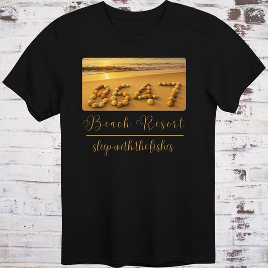 Black t-shirt featuring beach photo with “8647” spelled in seashells  
and elegant text reading “Beach Resort – Sleep With the Fishes” –  
anti-Trump parody shirt by Democratee’s