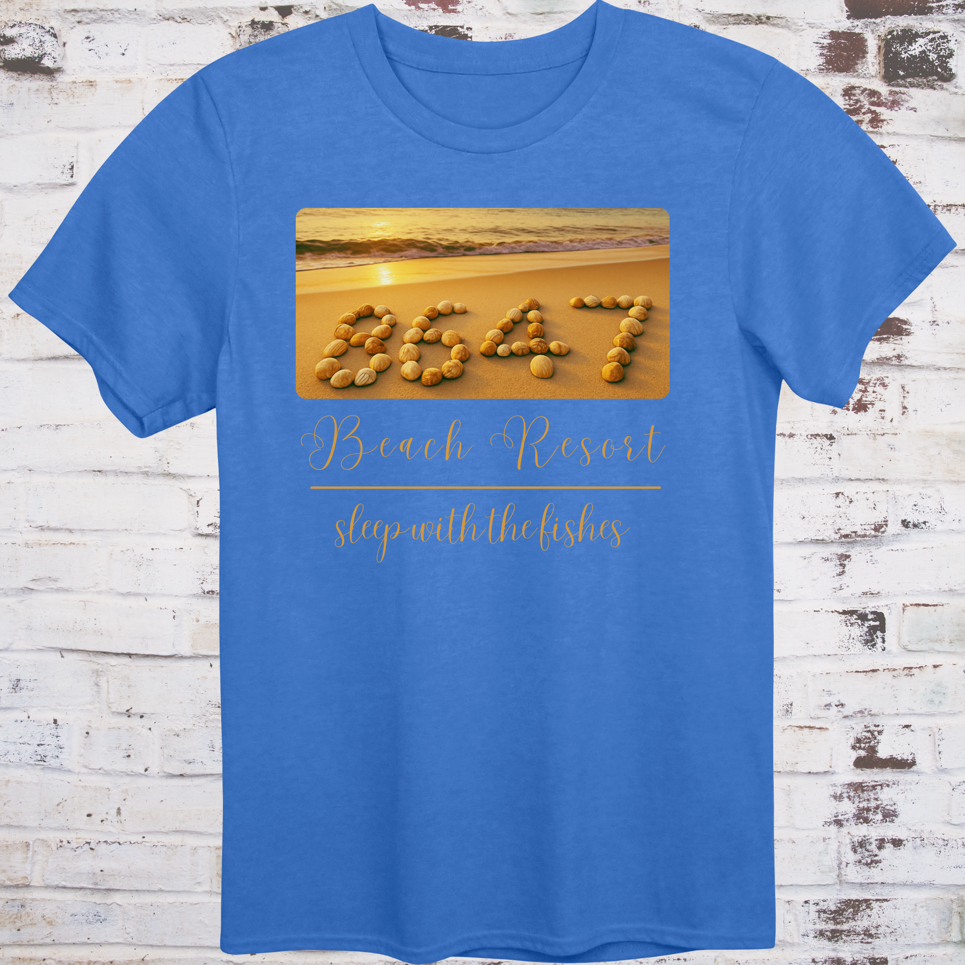 Blue t-shirt featuring beach photo with “8647” spelled in seashells  
and elegant text reading “Beach Resort – Sleep With the Fishes” –  
anti-Trump parody shirt by Democratee’s