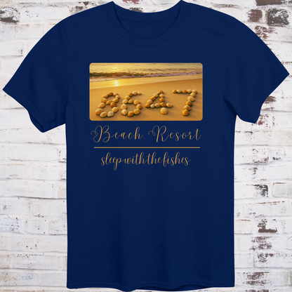 Navy t-shirt featuring beach photo with “8647” spelled in seashells  
and elegant text reading “Beach Resort – Sleep With the Fishes” –  
anti-Trump parody shirt by Democratee’s