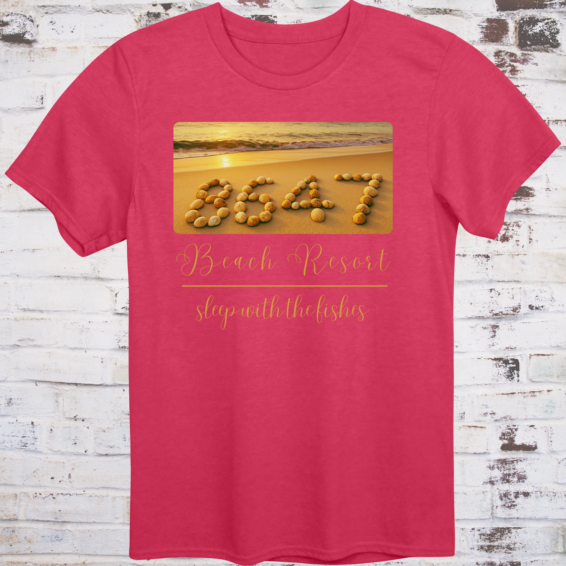 Red t-shirt featuring beach photo with “8647” spelled in seashells  
and elegant text reading “Beach Resort – Sleep With the Fishes” –  
anti-Trump parody shirt by Democratee’s
