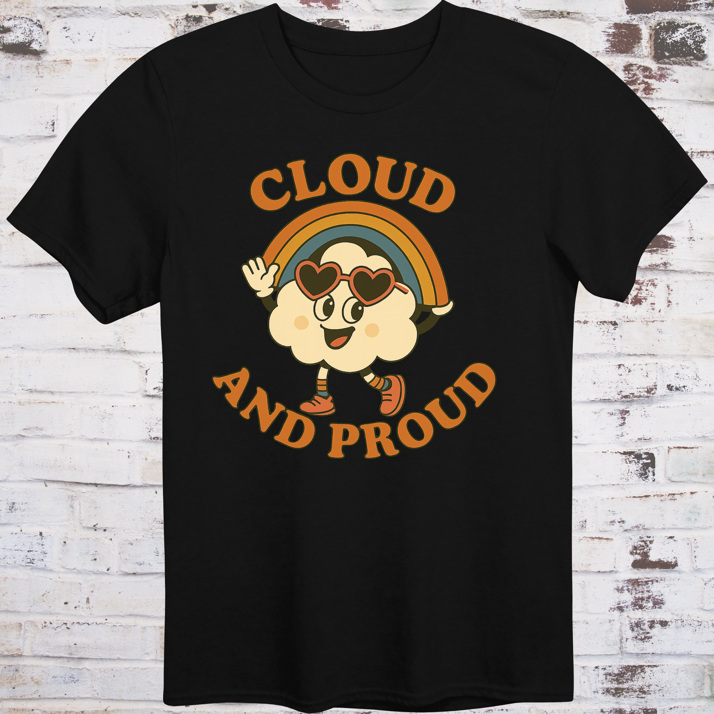 Black t-shirt with cartoon cloud wearing heart sunglasses  
under a rainbow arch, with bold orange text reading "Cloud and Proud" –  
retro queer pride shirt by Democratee’s