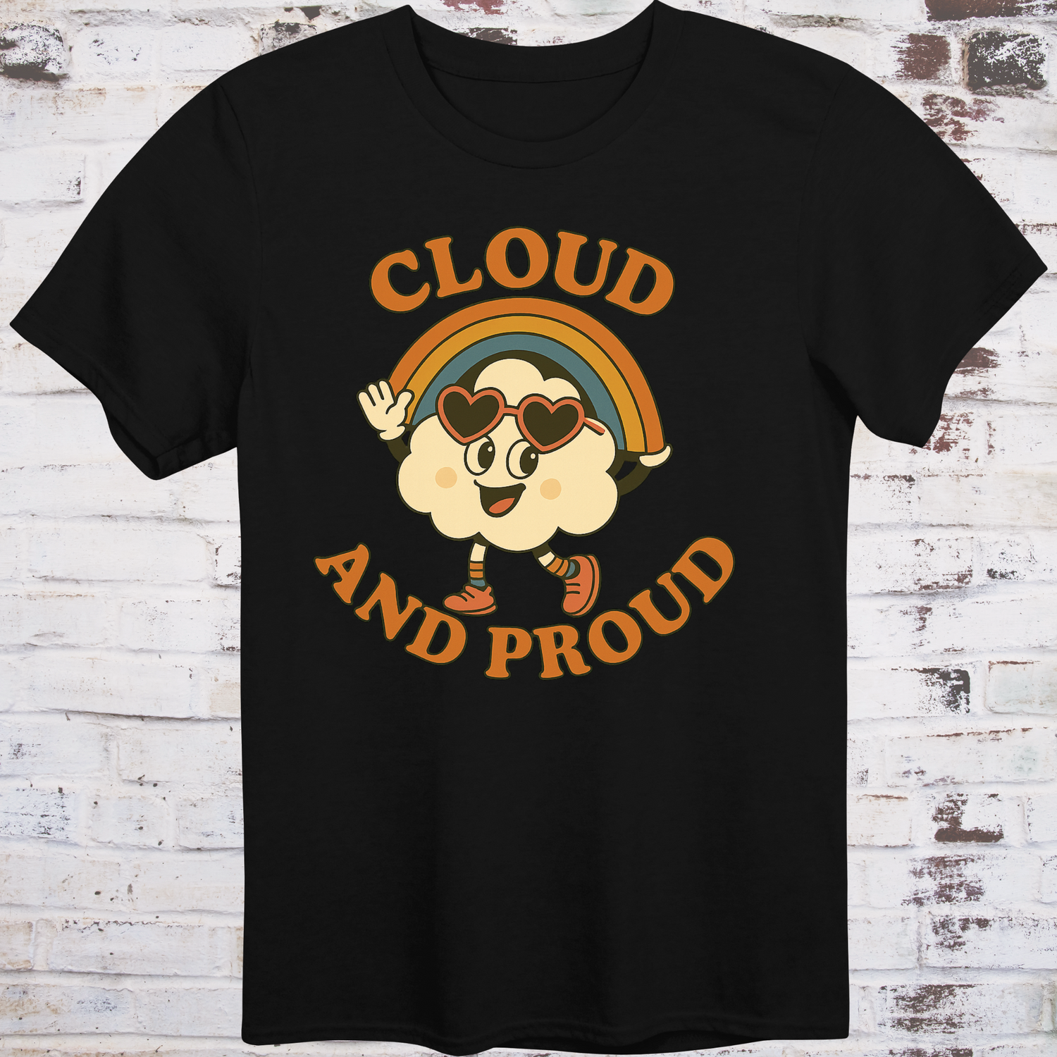 Black t-shirt with cartoon cloud wearing heart sunglasses  
under a rainbow arch, with bold orange text reading "Cloud and Proud" –  
retro queer pride shirt by Democratee’s