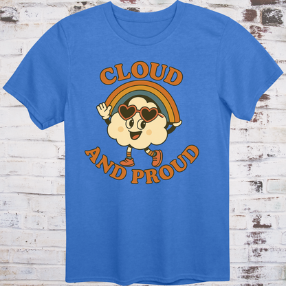Blue t-shirt with cartoon cloud wearing heart sunglasses  
under a rainbow arch, with bold orange text reading "Cloud and Proud" –  
retro queer pride shirt by Democratee’s