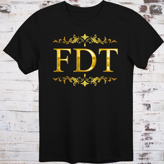 Black t-shirt with ornate gold design and bold letters “FDT”  
framed in decorative scrollwork – luxury-style protest shirt by Democratee’s