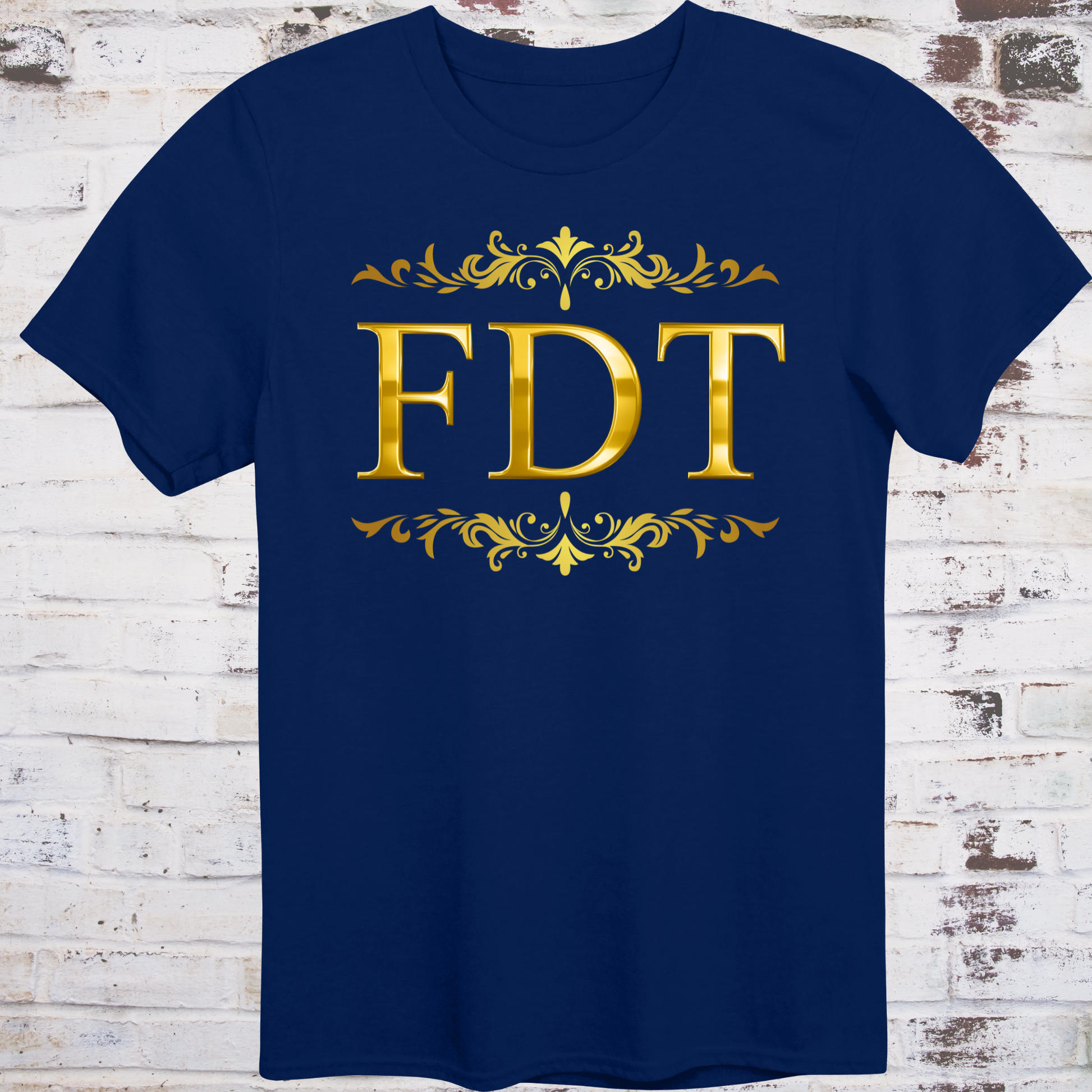 Navy t-shirt with ornate gold design and bold letters “FDT”  
framed in decorative scrollwork – luxury-style protest shirt by Democratee’s