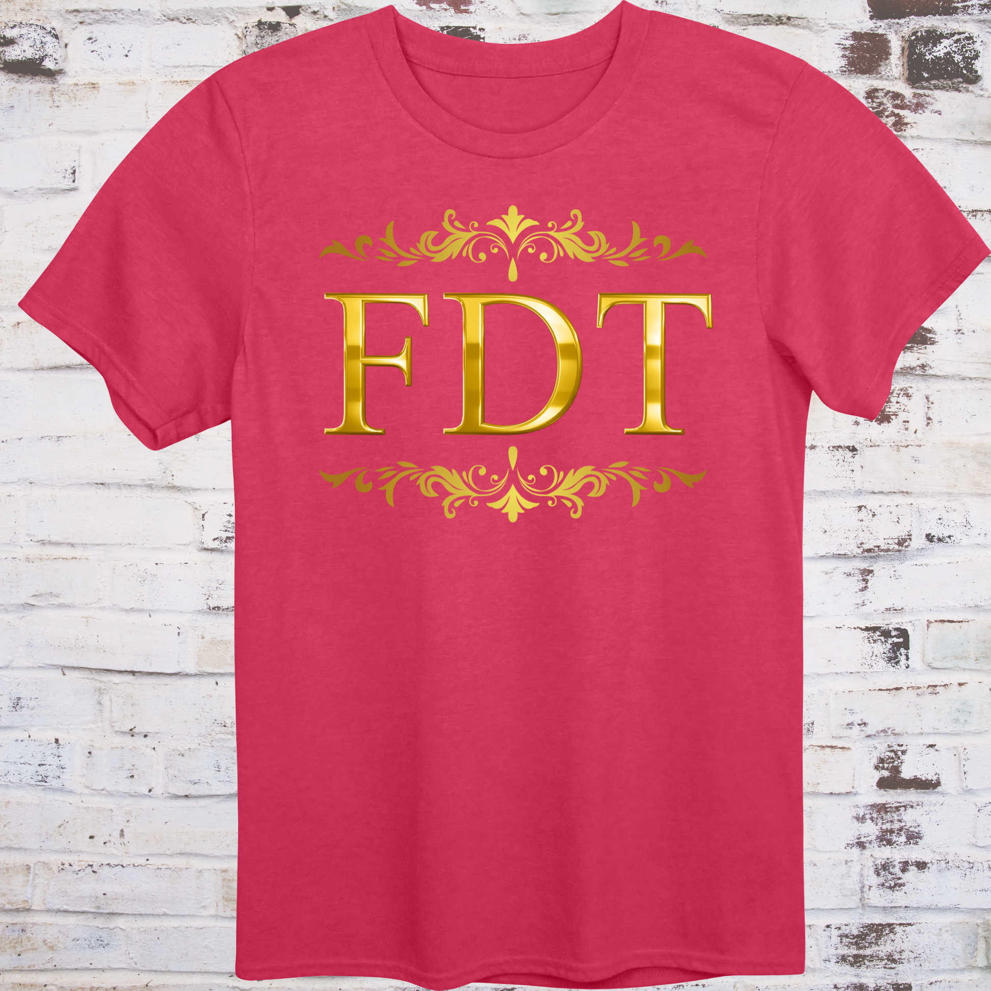 Red t-shirt with ornate gold design and bold letters “FDT”  
framed in decorative scrollwork – luxury-style protest shirt by Democratee’s