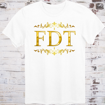 White t-shirt with ornate gold design and bold letters “FDT”  
framed in decorative scrollwork – luxury-style protest shirt by Democratee’s
