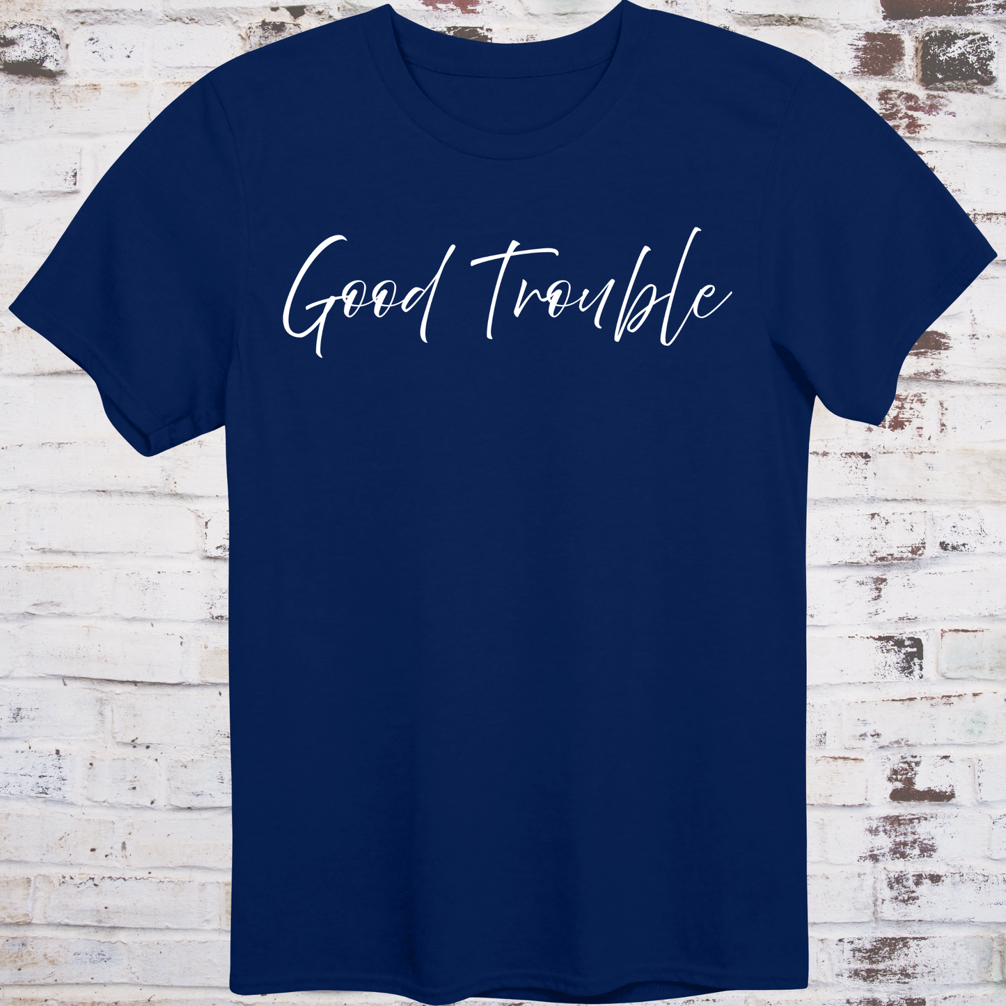 Navy t-shirt with white handwritten script reading “Good Trouble” –  
minimalist civil rights tribute shirt by Democratee’s