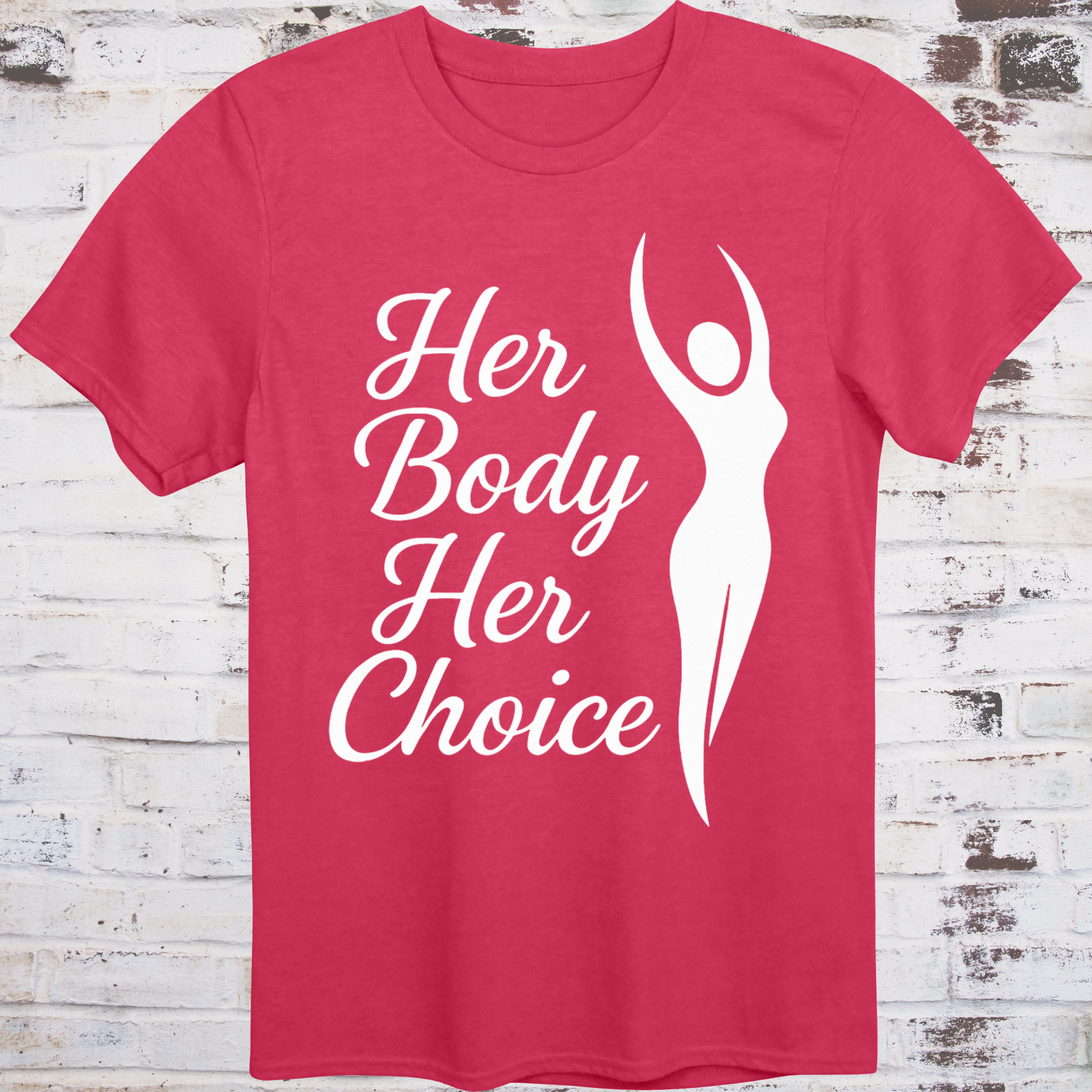 Red t-shirt with elegant white silhouette and bold cursive text reading  
"Her Body Her Choice" – feminist protest shirt by Democratee’s