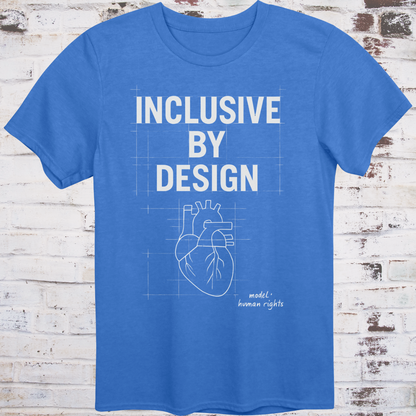 Blue T-shirt with blueprint-style heart and text: “Inclusive by Design – Model: Human Rights