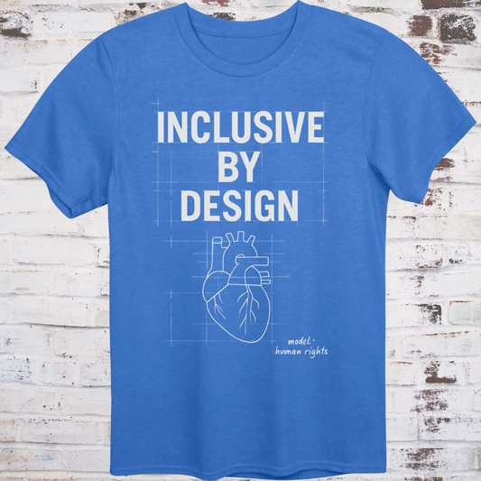 Blue T-shirt with blueprint-style heart and text: “Inclusive by Design – Model: Human Rights