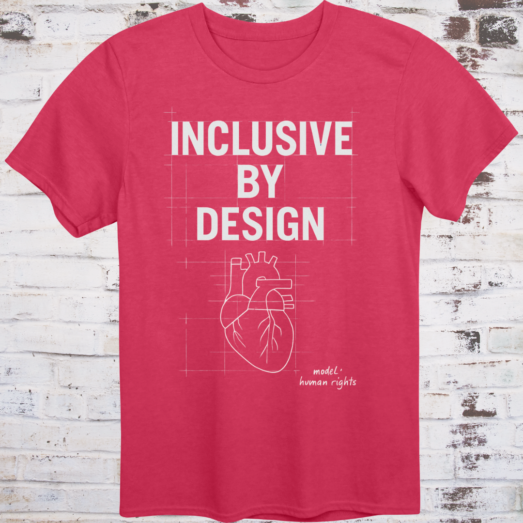 Red T-shirt with blueprint-style heart and text: “Inclusive by Design – Model: Human Rights