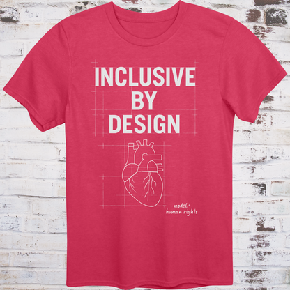 Red T-shirt with blueprint-style heart and text: “Inclusive by Design – Model: Human Rights