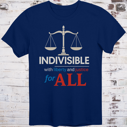 Navy t-shirt with balance scale graphic and bold text reading  
"Indivisible with liberty and justice for all" in red, white, and blue –  
progressive political shirt by Democratee’s