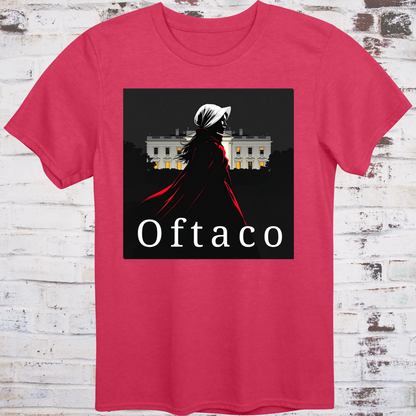 Red t-shirt with illustration of a handmaid in red cloak walking past the White House  
under the word “Oftaco” – dystopian feminist protest shirt by Democratee’s