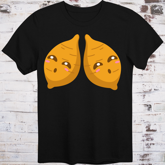 Black t-shirt with two cute cartoon yams featuring blushing cheeks and side-eye expressions –  
subtle parody of the viral “Ol’ Yam Tits” nickname, by Democratee’s