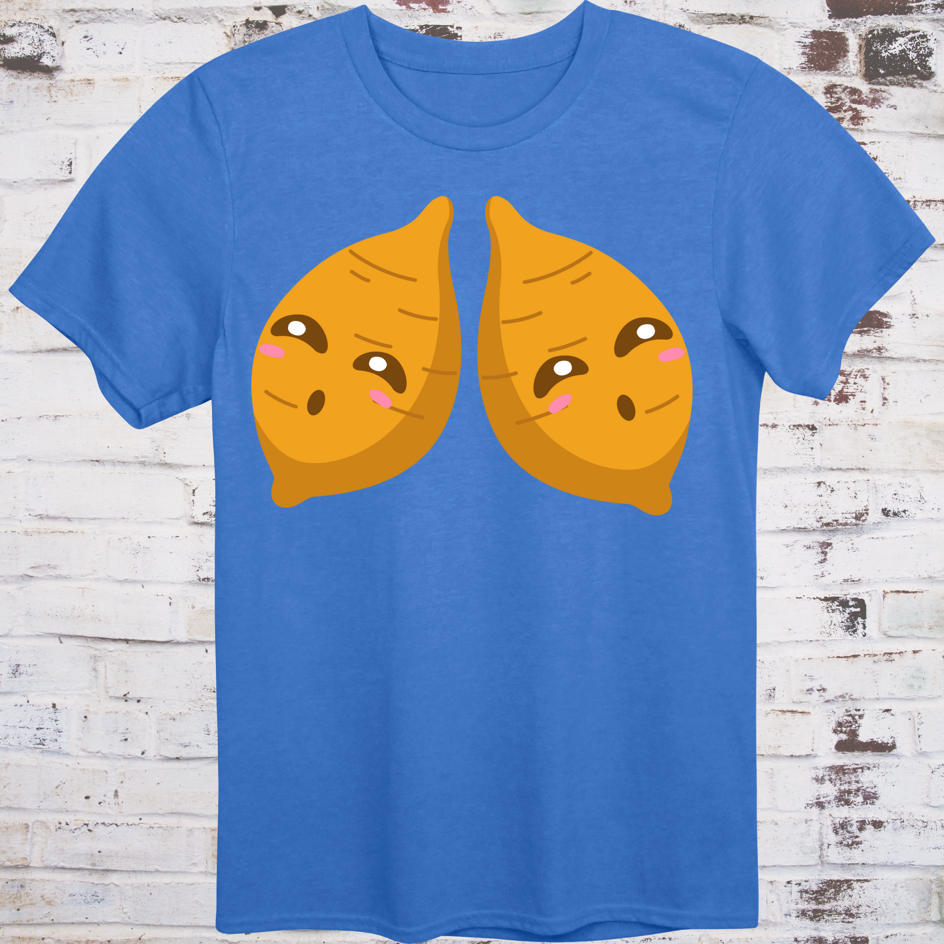 Blue t-shirt with two cute cartoon yams featuring blushing cheeks and side-eye expressions –  
subtle parody of the viral “Ol’ Yam Tits” nickname, by Democratee’s