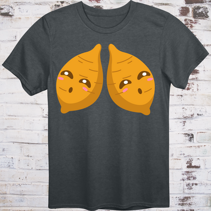 Gray t-shirt with two cute cartoon yams featuring blushing cheeks and side-eye expressions –  
subtle parody of the viral “Ol’ Yam Tits” nickname, by Democratee’s
