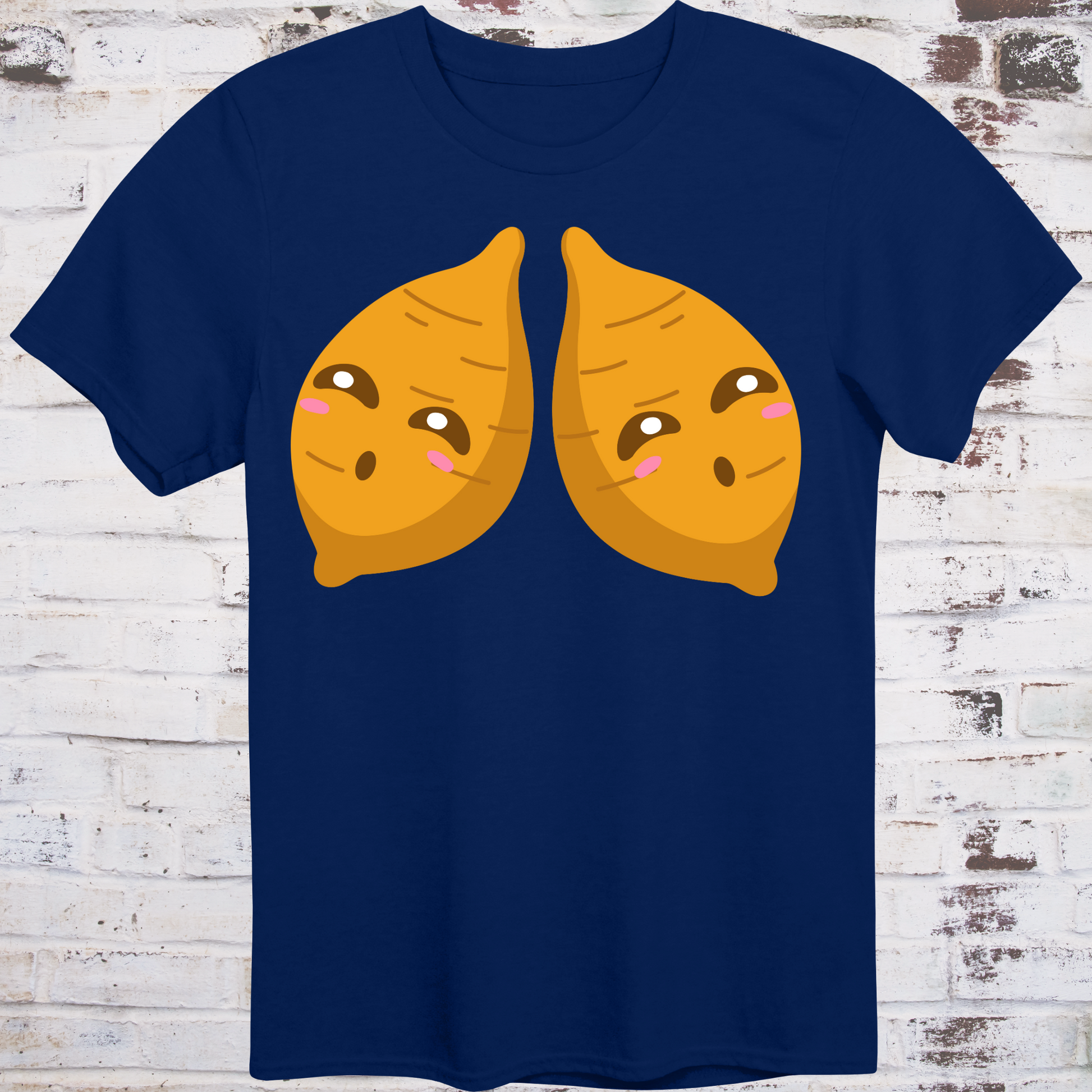 Navy t-shirt with two cute cartoon yams featuring blushing cheeks and side-eye expressions –  
subtle parody of the viral “Ol’ Yam Tits” nickname, by Democratee’s