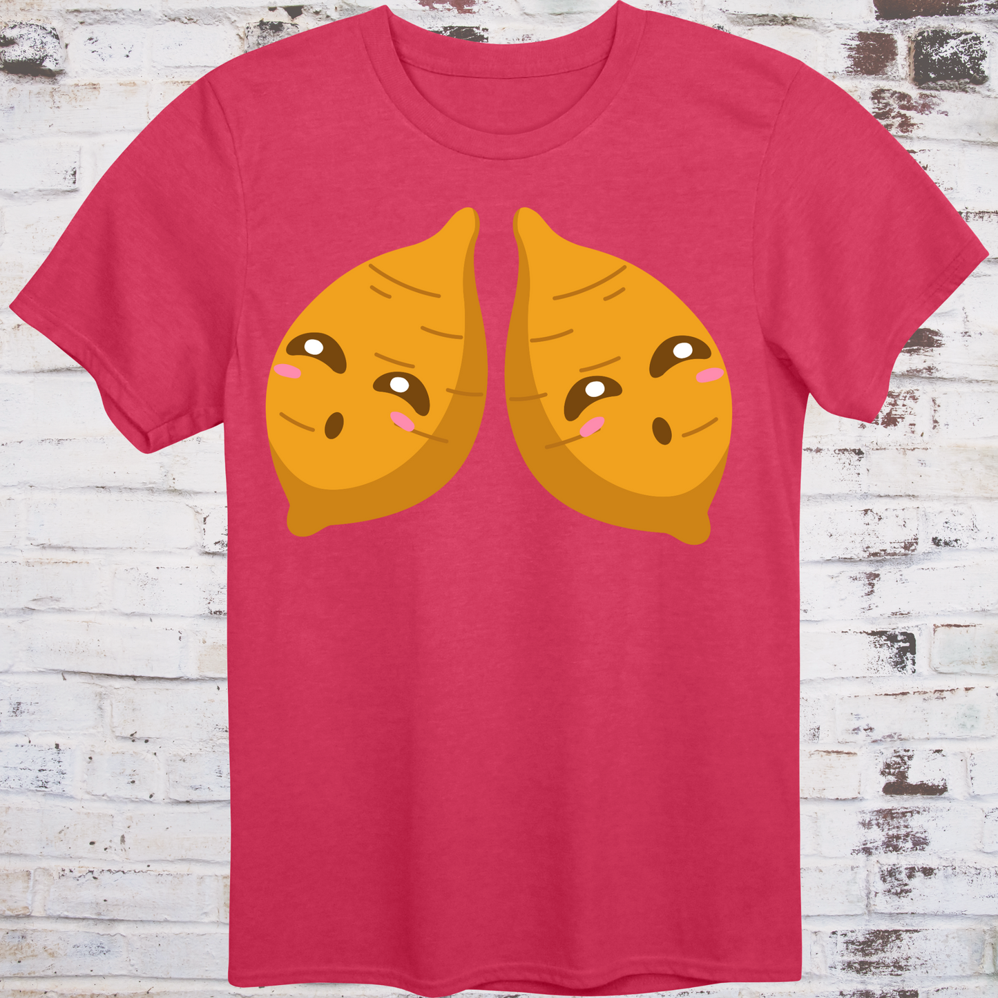 Red t-shirt with two cute cartoon yams featuring blushing cheeks and side-eye expressions –  
subtle parody of the viral “Ol’ Yam Tits” nickname, by Democratee’s