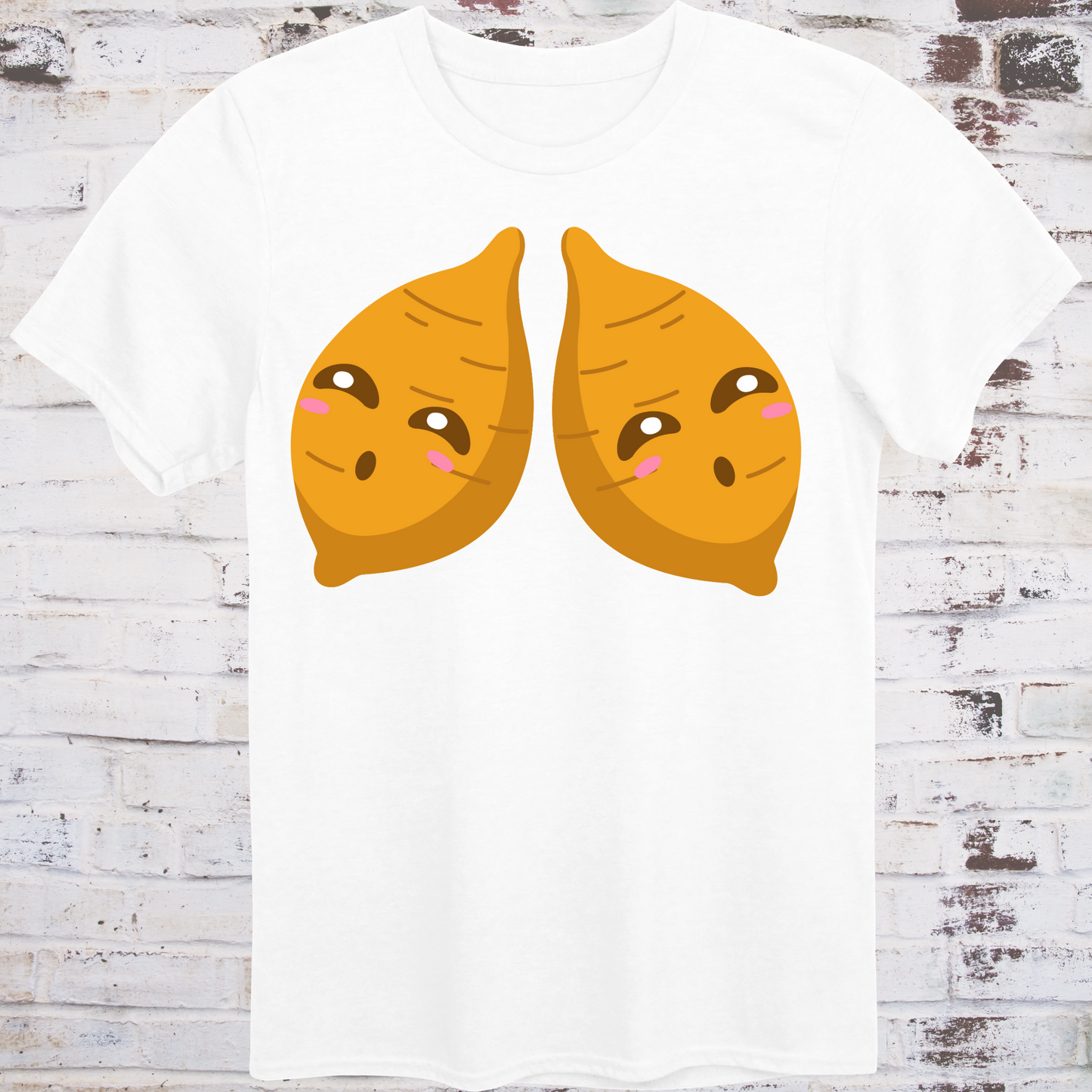 White t-shirt with two cute cartoon yams featuring blushing cheeks and side-eye expressions –  
subtle parody of the viral “Ol’ Yam Tits” nickname, by Democratee’s