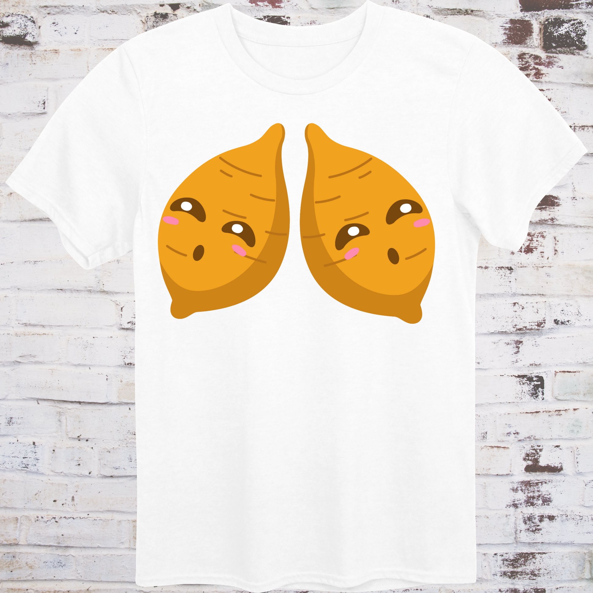 White t-shirt with two cute cartoon yams featuring blushing cheeks and side-eye expressions –  
subtle parody of the viral “Ol’ Yam Tits” nickname, by Democratee’s