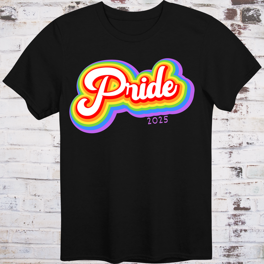 Black t-shirt with colorful rainbow bubble-style script reading  
“Pride 2025” in bold retro font – queer celebration shirt by Democratee’s