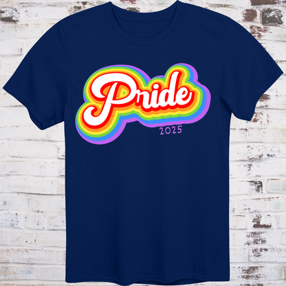 Navy t-shirt with colorful rainbow bubble-style script reading  
“Pride 2025” in bold retro font – queer celebration shirt by Democratee’s