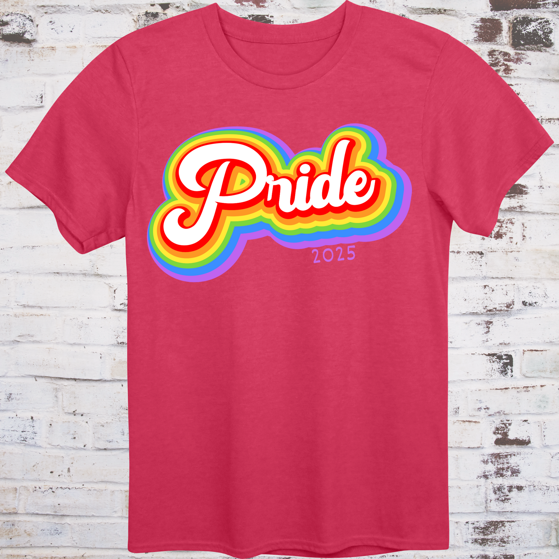 Red t-shirt with colorful rainbow bubble-style script reading  
“Pride 2025” in bold retro font – queer celebration shirt by Democratee’s