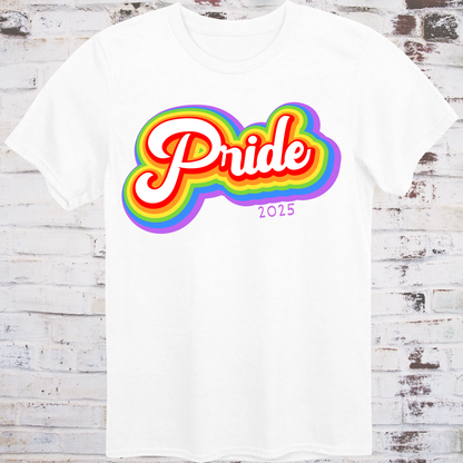 White t-shirt with colorful rainbow bubble-style script reading  
“Pride 2025” in bold retro font – queer celebration shirt by Democratee’s