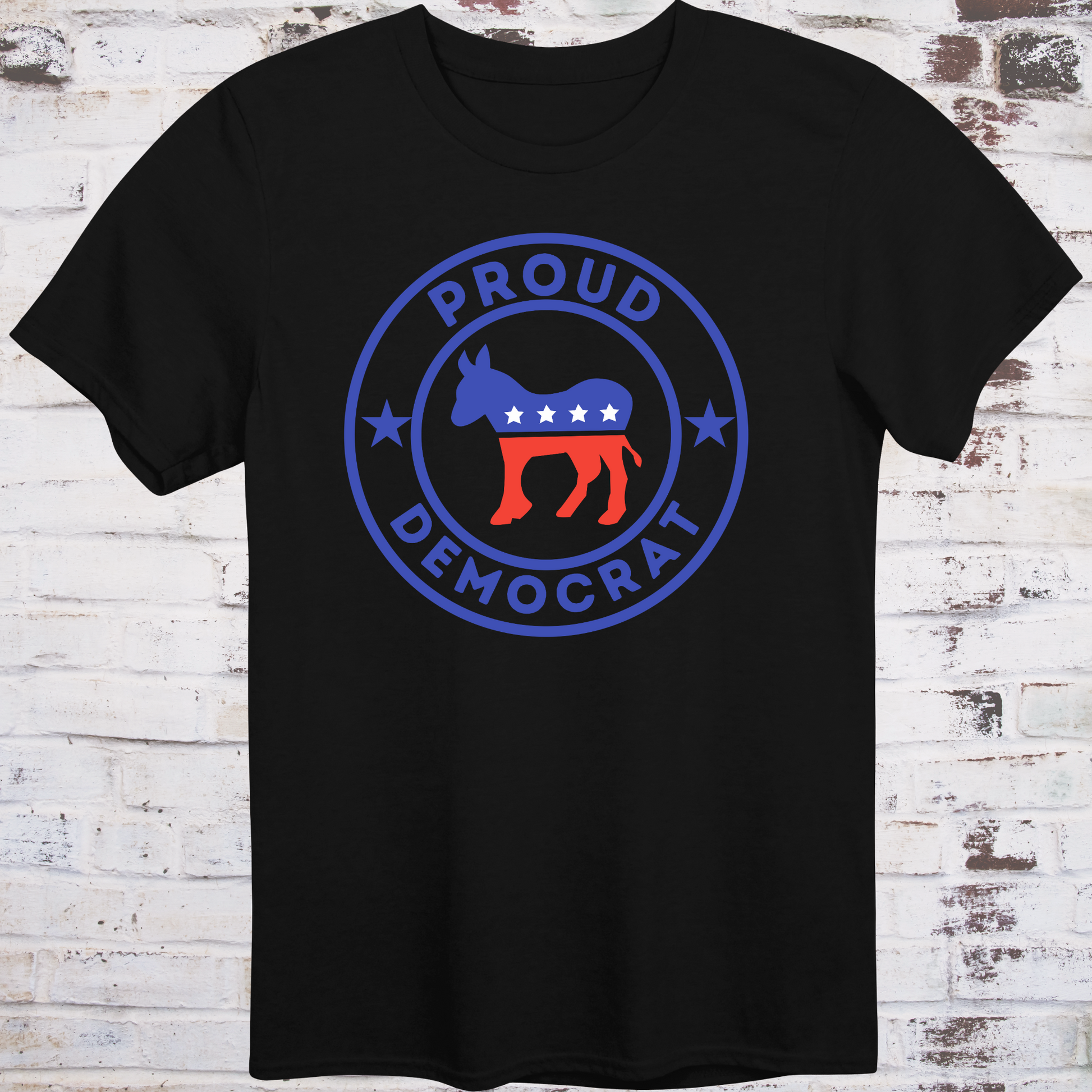 Black t-shirt with red, white, and blue donkey in a circular badge  
surrounded by stars and bold text reading “Proud Democrat” –  
classic political shirt by Democratee’s