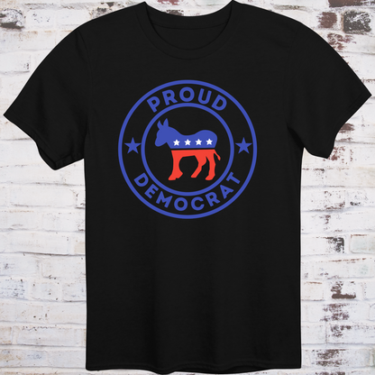 Black t-shirt with red, white, and blue donkey in a circular badge  
surrounded by stars and bold text reading “Proud Democrat” –  
classic political shirt by Democratee’s