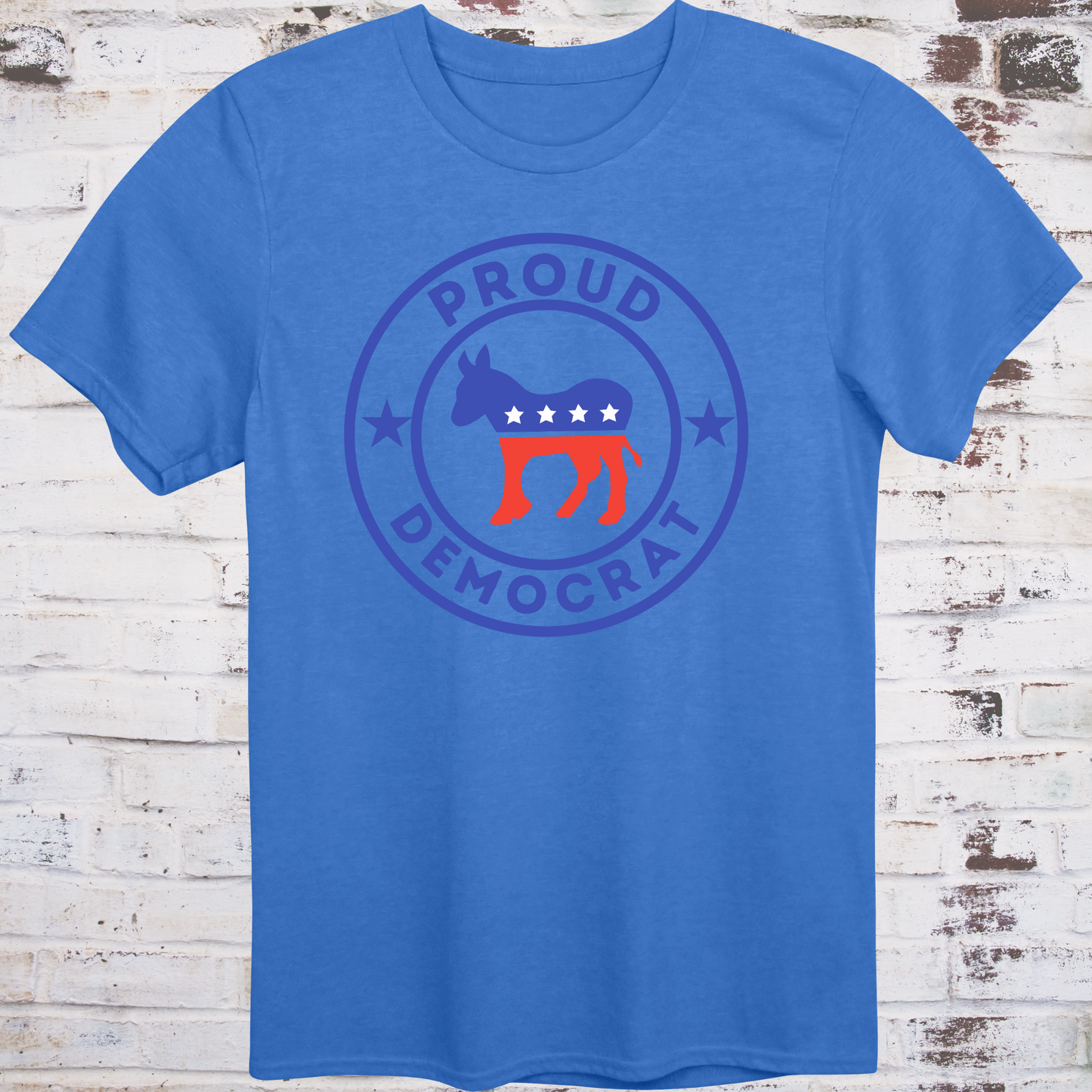 Blue t-shirt with red, white, and blue donkey in a circular badge  
surrounded by stars and bold text reading “Proud Democrat” –  
classic political shirt by Democratee’s