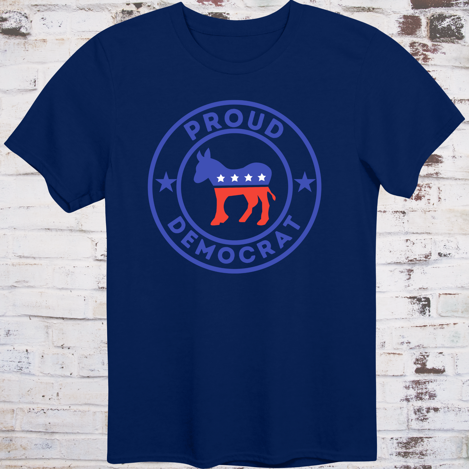 Navy t-shirt with red, white, and blue donkey in a circular badge  
surrounded by stars and bold text reading “Proud Democrat” –  
classic political shirt by Democratee’s