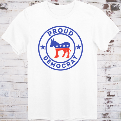 White t-shirt with red, white, and blue donkey in a circular badge  
surrounded by stars and bold text reading “Proud Democrat” –  
classic political shirt by Democratee’s