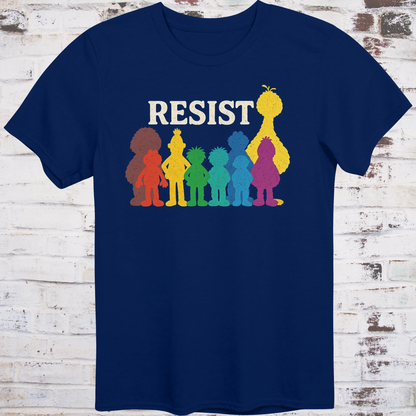 Navy t-shirt with bold white RESIST text above rainbow-colored silhouettes  
of classic children’s characters – pride and protest shirt by Democratee’s