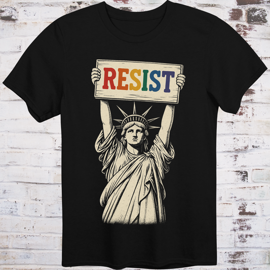 Black t-shirt featuring vintage illustration of the Statue of Liberty  
holding a rainbow-colored "RESIST" sign –  
progressive pride protest shirt by Democratee’s